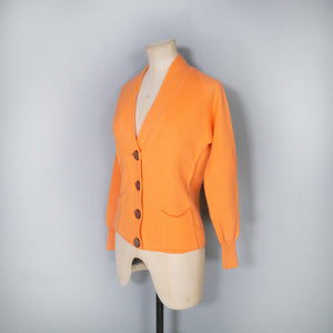 60s LIGHT ORANGE RIB KNIT V-NECK COLLEGE CARDIGAN - S