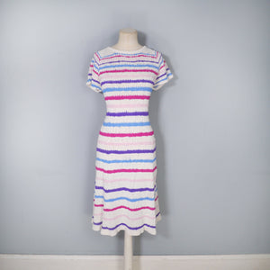 40s 50s WHITE HANDKNIT DRESS WITH PINK, BLUE AND PURPLE STRIPES - M-L