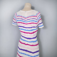 Load image into Gallery viewer, 40s 50s WHITE HANDKNIT DRESS WITH PINK, BLUE AND PURPLE STRIPES - M-L