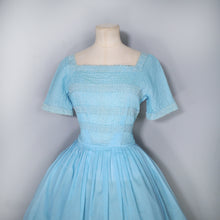 Load image into Gallery viewer, 50s L&#39;AIGLON MEXICAN STYLE TURQUOISE PINTUCK AND LACE FULL SKIRT DRESS - S