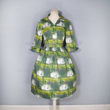 Load image into Gallery viewer, 60s GREEN PAINTERLY PRINT FULL SKIRTED COTTON SHIRTWAIST DRESS - S