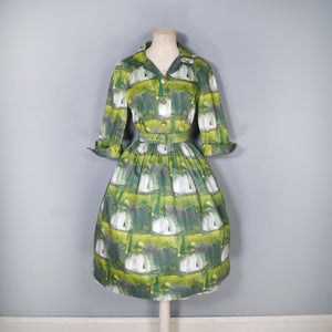 60s GREEN PAINTERLY PRINT FULL SKIRTED COTTON SHIRTWAIST DRESS - S