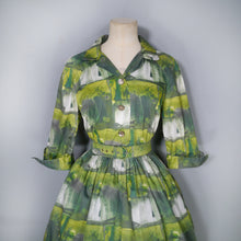 Load image into Gallery viewer, 60s GREEN PAINTERLY PRINT FULL SKIRTED COTTON SHIRTWAIST DRESS - S