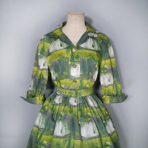 60s GREEN PAINTERLY PRINT FULL SKIRTED COTTON SHIRTWAIST DRESS - S