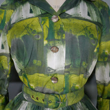 Load image into Gallery viewer, 60s GREEN PAINTERLY PRINT FULL SKIRTED COTTON SHIRTWAIST DRESS - S