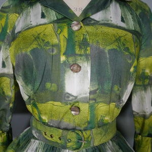 60s GREEN PAINTERLY PRINT FULL SKIRTED COTTON SHIRTWAIST DRESS - S