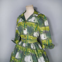 Load image into Gallery viewer, 60s GREEN PAINTERLY PRINT FULL SKIRTED COTTON SHIRTWAIST DRESS - S