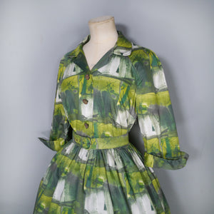 60s GREEN PAINTERLY PRINT FULL SKIRTED COTTON SHIRTWAIST DRESS - S