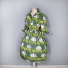 Load image into Gallery viewer, 60s GREEN PAINTERLY PRINT FULL SKIRTED COTTON SHIRTWAIST DRESS - S