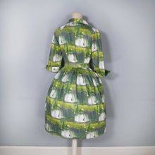 Load image into Gallery viewer, 60s GREEN PAINTERLY PRINT FULL SKIRTED COTTON SHIRTWAIST DRESS - S