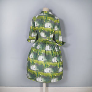 60s GREEN PAINTERLY PRINT FULL SKIRTED COTTON SHIRTWAIST DRESS - S