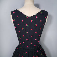 Load image into Gallery viewer, 70s BLACK AND PINK ROSE FLORAL PRINT DIRNDL DRESS - S