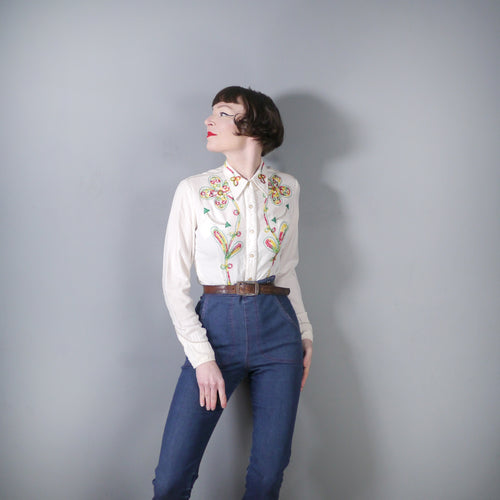 60s CALIFORNIA RANCHWEAR WHITE EMBROIDERED WESTERN SHIRT - S