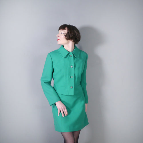 60s GLENDAWN JADE GREEN 2 PIECE DRESS AND CROPPED JACKET SET - L