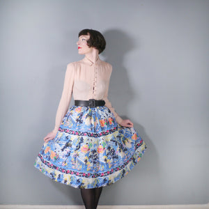 50s BLUE NOVELTY SCENIC PAINTERLY PRINT SKIRT WITH COURTSHIP SCENE - 25"