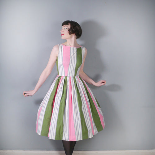 50s GREEN AND PINK STRIPED FULL SKIRTED COTTON DAY DRESS - XS-S