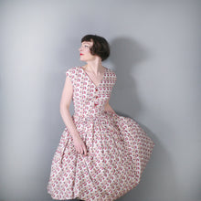 Load image into Gallery viewer, 50s STYLE NOVELTY 1973 JANE WEELEANS LEG AND HIGH HEELS PRINT FULL SKIRTED DRESS - M