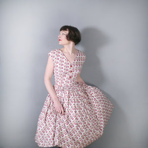 50s STYLE NOVELTY 1973 JANE WEELEANS LEG AND HIGH HEELS PRINT FULL SKIRTED DRESS - M