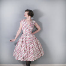 Load image into Gallery viewer, 50s STYLE NOVELTY 1973 JANE WEELEANS LEG AND HIGH HEELS PRINT FULL SKIRTED DRESS - M