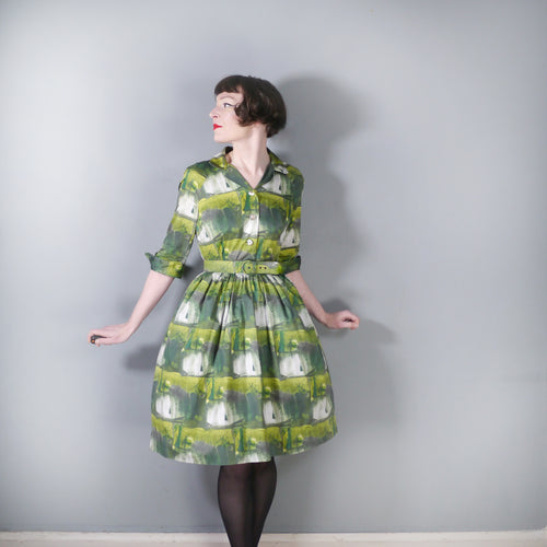 60s GREEN PAINTERLY PRINT FULL SKIRTED COTTON SHIRTWAIST DRESS - S