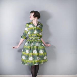 60s GREEN PAINTERLY PRINT FULL SKIRTED COTTON SHIRTWAIST DRESS - S