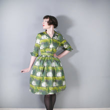 Load image into Gallery viewer, 60s GREEN PAINTERLY PRINT FULL SKIRTED COTTON SHIRTWAIST DRESS - S