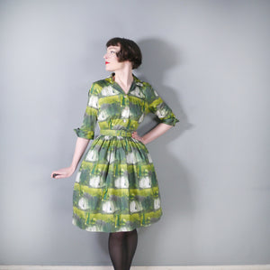 60s GREEN PAINTERLY PRINT FULL SKIRTED COTTON SHIRTWAIST DRESS - S