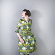 Load image into Gallery viewer, 60s GREEN PAINTERLY PRINT FULL SKIRTED COTTON SHIRTWAIST DRESS - S