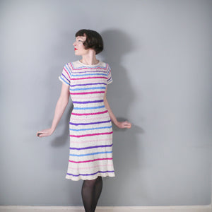 40s 50s WHITE HANDKNIT DRESS WITH PINK, BLUE AND PURPLE STRIPES - M-L