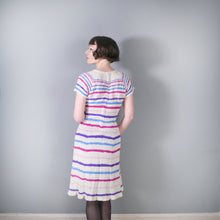 Load image into Gallery viewer, 40s 50s WHITE HANDKNIT DRESS WITH PINK, BLUE AND PURPLE STRIPES - M-L