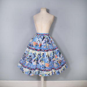 50s BLUE NOVELTY SCENIC PAINTERLY PRINT SKIRT WITH COURTSHIP SCENE - 25"