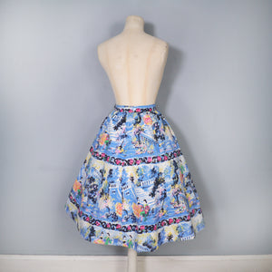 50s BLUE NOVELTY SCENIC PAINTERLY PRINT SKIRT WITH COURTSHIP SCENE - 25"