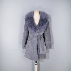 70s GREY FLEECE LINED SUEDE COAT JACKET WITH SHEEPSKIN COLLAR - M