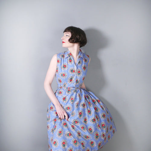 50s BLUE COTTON DAY DRESS WITH ROSE AND ROPE PRINT - S-M