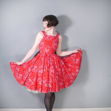 Load image into Gallery viewer, 50s DORIS DEB RED PAISLEY HANKERCHIEF PRINT CIRCLE SKIRT DAY DRESS - XS / PETITE