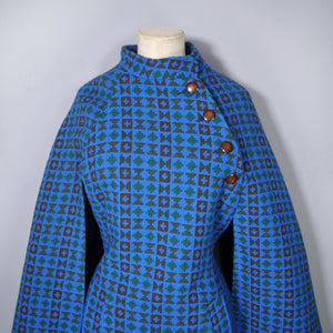 70s RICH BLUE TAPESTRY WELSH WOOL CAPE - S-M