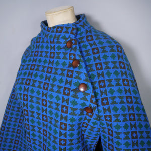 70s RICH BLUE TAPESTRY WELSH WOOL CAPE - S-M