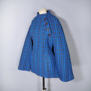 70s RICH BLUE TAPESTRY WELSH WOOL CAPE - S-M