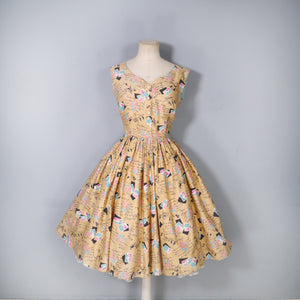 50s NOVELTY PARIS POSTCARDS AND LETTER FULL SKIRT DAY DRESS - S