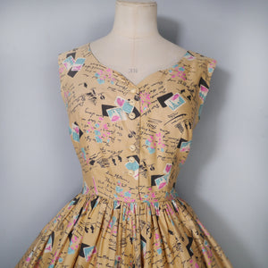 50s NOVELTY PARIS POSTCARDS AND LETTER FULL SKIRT DAY DRESS - S