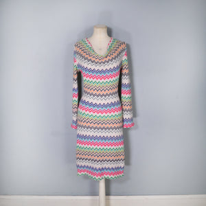 HANDMADE MISSONI STYLE ZIGZAG KNIT FITTED JUMPER DRESS WITH COWL NECK - M