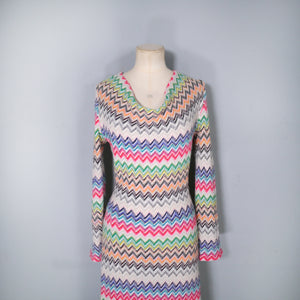 HANDMADE MISSONI STYLE ZIGZAG KNIT FITTED JUMPER DRESS WITH COWL NECK - M