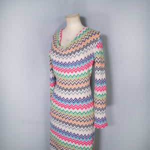 HANDMADE MISSONI STYLE ZIGZAG KNIT FITTED JUMPER DRESS WITH COWL NECK - M