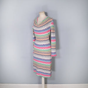 HANDMADE MISSONI STYLE ZIGZAG KNIT FITTED JUMPER DRESS WITH COWL NECK - M