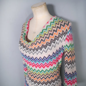 HANDMADE MISSONI STYLE ZIGZAG KNIT FITTED JUMPER DRESS WITH COWL NECK - M