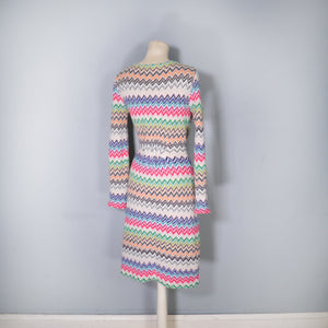 HANDMADE MISSONI STYLE ZIGZAG KNIT FITTED JUMPER DRESS WITH COWL NECK - M