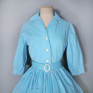 50s LIGHT BLUE AND WHITE PIN STRIPE FULL SKIRTED COTTON SHIRT DRESS - S