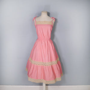 70s PINK AND YELLOW LACE TIE SHOULDER STRAPPY SUN DRESS - S-M