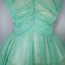 Load image into Gallery viewer, 50s SHEER GREEN NYLON FULL SKIRTED GATHERED DRESS - S