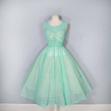 Load image into Gallery viewer, 50s SHEER GREEN NYLON FULL SKIRTED GATHERED DRESS - S